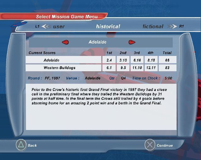 AFL Live 2004 (PlayStation 2) screenshot: One of the game options is 'Mission', this is the Mission Game selection screen where the player can recreate historic games or create their own