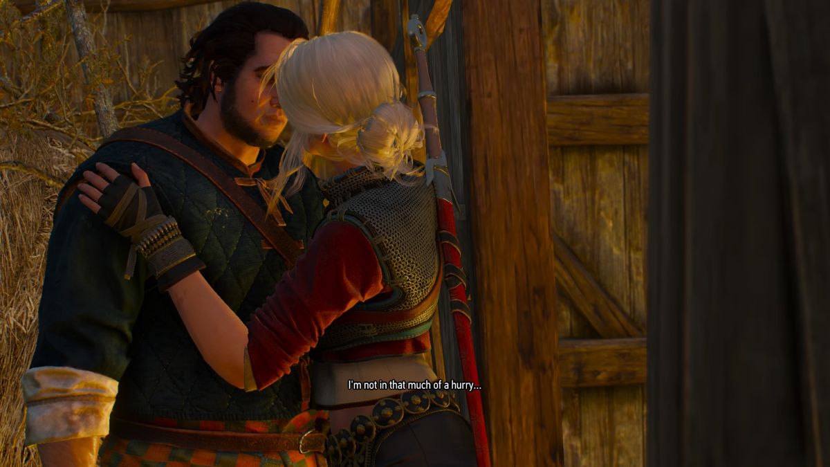 The Witcher 3: Wild Hunt - Alternative Look for Ciri (PlayStation 4) screenshot: Ciri being grateful to a shy peasant lad who helped her