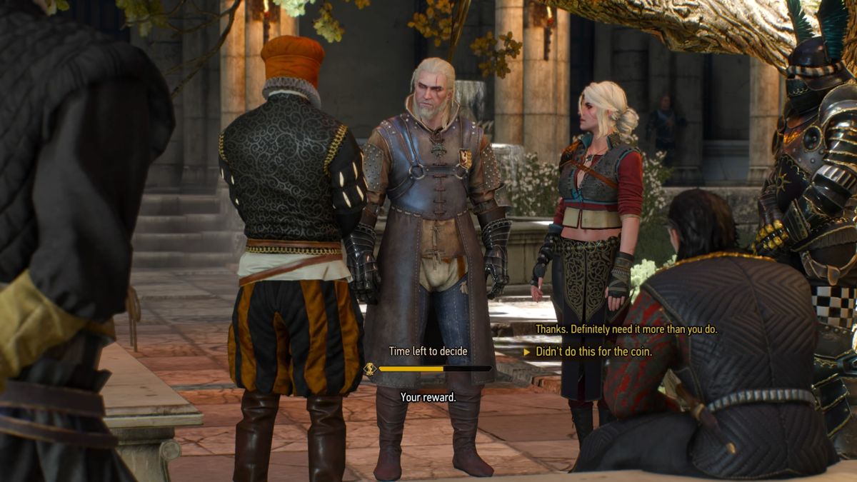 The Witcher 3: Wild Hunt - Alternative Look for Ciri (PlayStation 4) screenshot: Geralt and Ciri, visiting emperor, Ciri's father