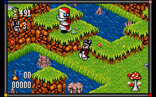 Whizz (DOS) screenshot: Watch out for various enemies in this grassy land.