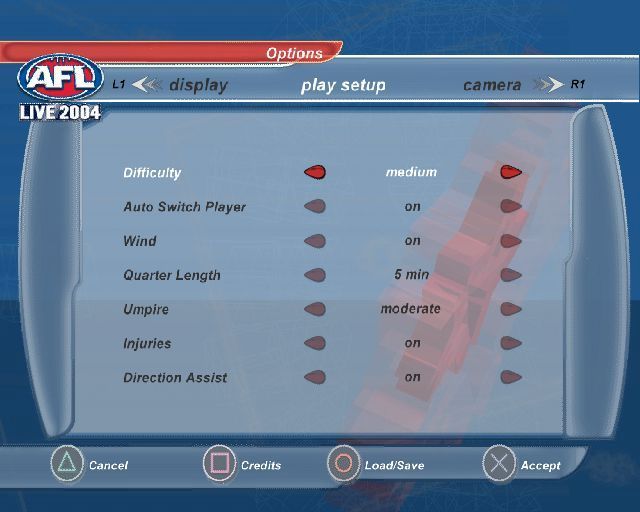 AFL Live 2004 (PlayStation 2) screenshot: The game configuration options