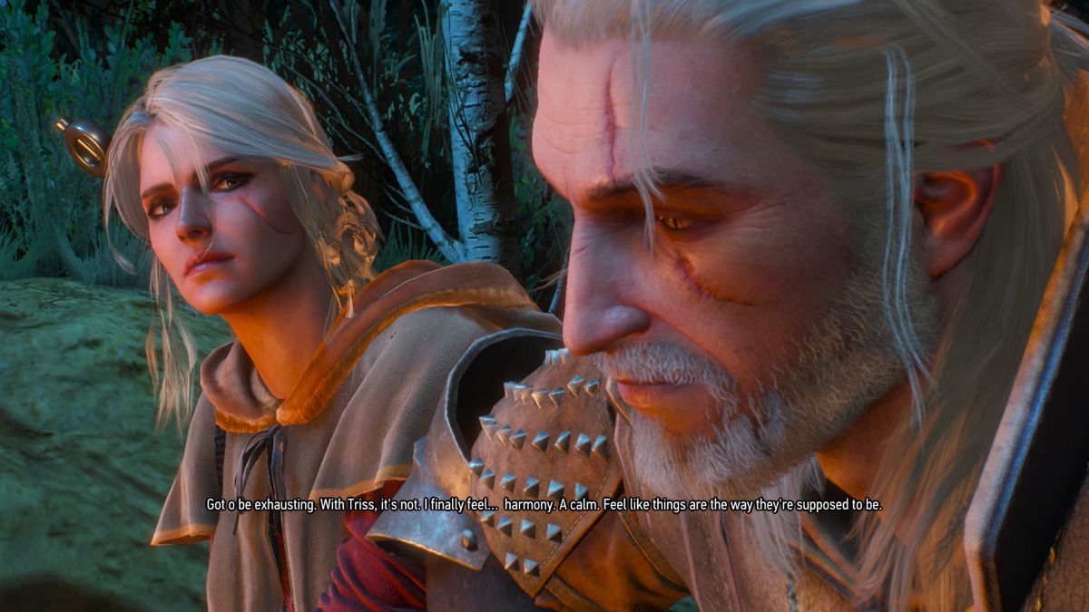 The Witcher 3: Wild Hunt - Alternative Look for Ciri (PlayStation 4) screenshot: Geralt explaining his feelings for Triss to Ciri
