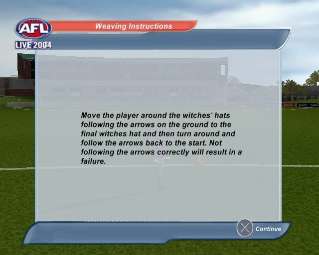 AFL Live 2004 (PlayStation 2) screenshot: One of the training exercises. The player can start an exercise like this, abandon it if it gets too hard and start another
