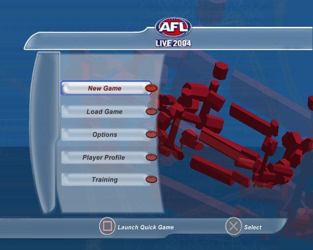 AFL Live 2004 (PlayStation 2) screenshot: The main menu.<br>All menus look similar.<br>Where the red blocks are present they swirl around and assemble themselves into a pretty pattern