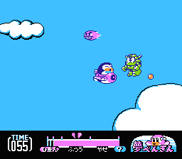 Yume Penguin Monogatari (NES) screenshot: Hit by a nasty green guy.