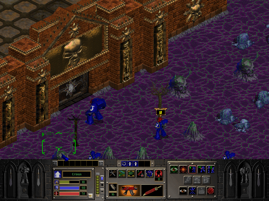 Warhammer 40,000: Chaos Gate (Windows) screenshot: Our troops attacking a chaos fortress