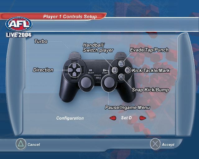 AFL Live 2004 (PlayStation 2) screenshot: There are four controller setups available. This is Setup D