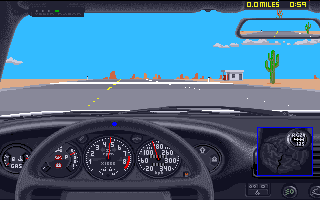 The Duel: Test Drive II (Amiga) screenshot: Gas station ahead.
