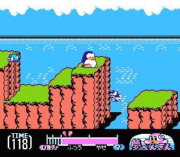 Yume Penguin Monogatari (NES) screenshot: Now you are certainly too fat. See the meter below.