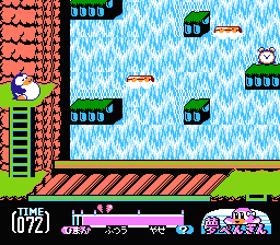 Yume Penguin Monogatari (NES) screenshot: Moving platforms... of course.