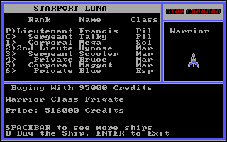 Star Command (DOS) screenshot: Buying a ship. This one's just a little bit too expensive...
