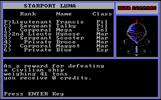 Star Command (DOS) screenshot: Back to Starport Luna. Oh, the ship we destroyed wasn't hostile. Oh, well...