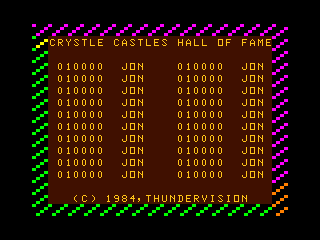 Crystle Castles (TRS-80 CoCo) screenshot: Original Thundervision intro/high score screen