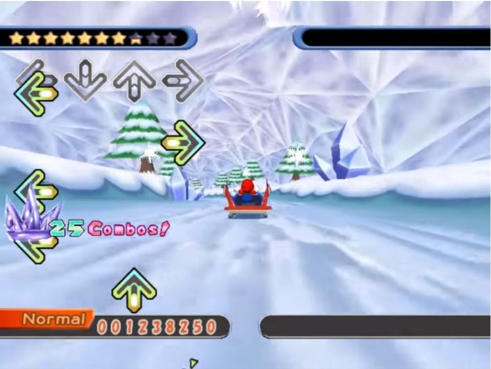 Dance Dance Revolution: Mario Mix (GameCube) screenshot: In later songs, you need to avoid stepping on certain objects (such as the spikes in this icy level)