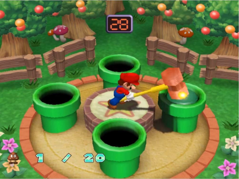 Dance Dance Revolution: Mario Mix (GameCube) screenshot: Playing Whack-A-Goomba!
