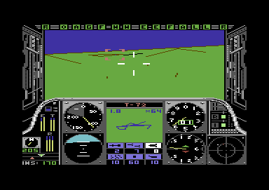 Gunship (Commodore 64) screenshot: Using Hellfire missiles to destroy enemy tanks.