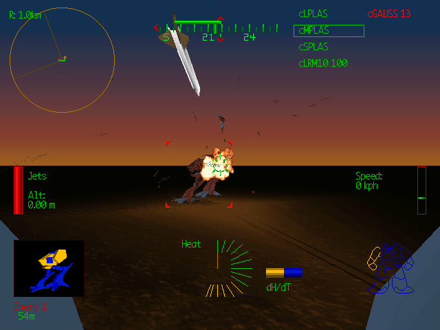 MechWarrior 2: Mercenaries (DOS) screenshot: Teaching a Vulture a lesson at dusk.