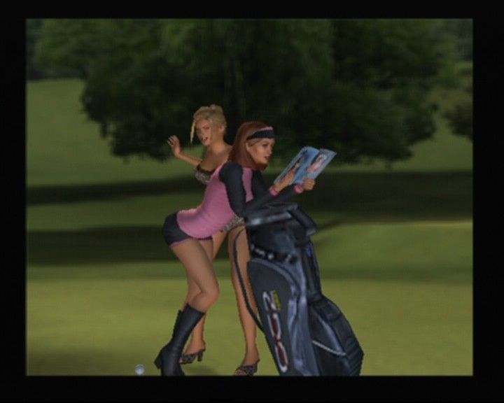 Outlaw Golf 2 (PlayStation 2) screenshot: Summer is spanking her caddy as a sort of a good luck charm for the next hole