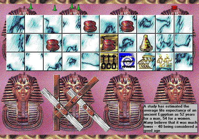 Senet (Windows) screenshot: During the game... Note the casting sticks in the lower left and the Mummy Facts at the lower right