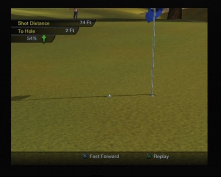 Outlaw Golf 2 (PlayStation 2) screenshot: Ah, there's nothing worse than bad calculation that leads your ball to stop right in front of the hole