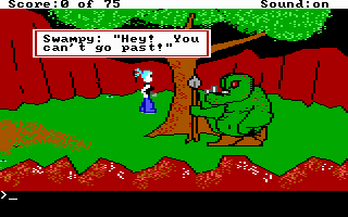 Voodoo Girl: Queen of the Darned (DOS) screenshot: The way is blocked by a charming character