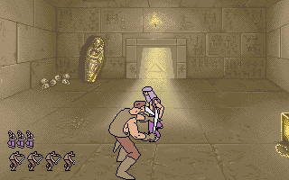 Guy Spy and the Crystals of Armageddon (DOS) screenshot: Sword fighting with local swordsmen. (VGA)