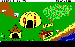 Voodoo Girl: Queen of the Darned (DOS) screenshot: And now, for a change of pace, super-deformed Voodoo Girl in the village. Why? Well -- why not?!