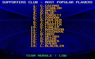 Match Day Manager (DOS) screenshot: Fan favourites. If you don't field them, there will be less people attenting the matches