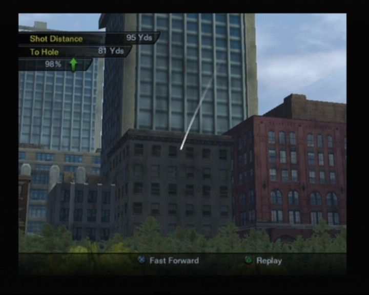 Outlaw Golf 2 (PlayStation 2) screenshot: Whoever built a golf course right in the city, but still, better watch for the windows