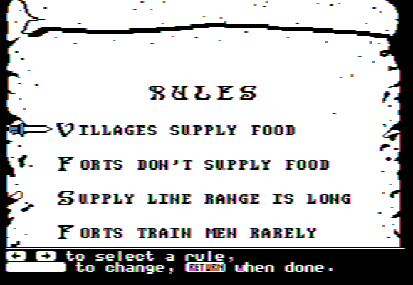 The Ancient Art of War (Apple II) screenshot: Setting up rules of engagement.