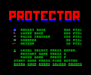 Protector II (TRS-80 CoCo) screenshot: Instructions, and the aliens that you will be facing (the ones you can shoot, anyways)