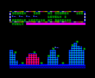 Protector II (TRS-80 CoCo) screenshot: Rescuing people from the first city