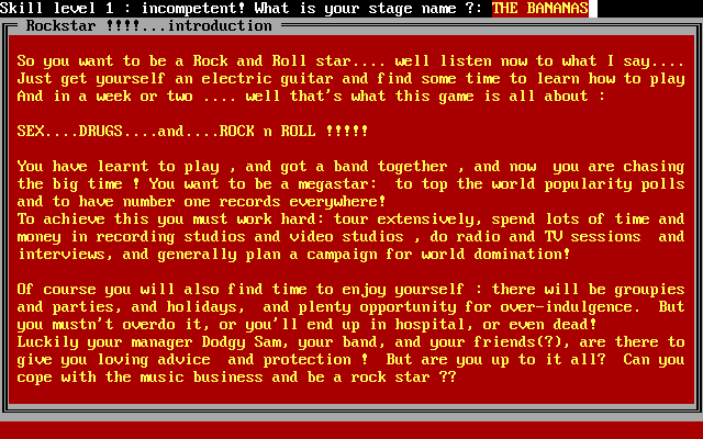 Rockstar! (DOS) screenshot: Game description and choosing the band's name.