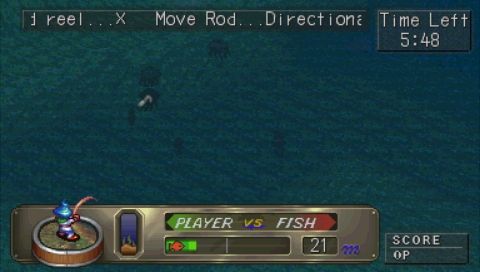 Breath of Fire III (PSP) screenshot: Player vs Fish combat in Fishing mode