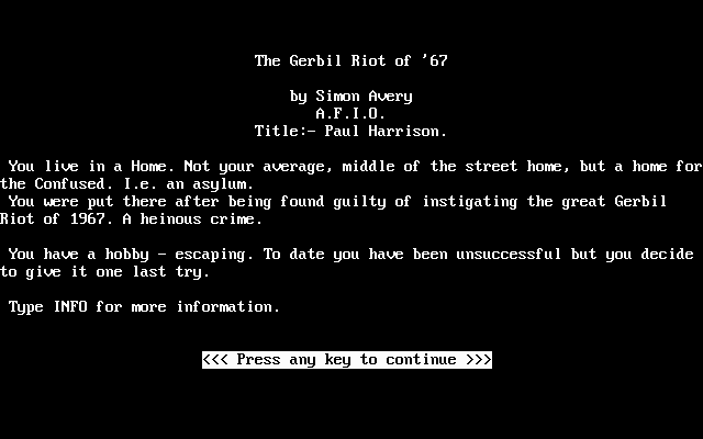 Gerbil Riot of '67 (DOS) screenshot: Title screen, introduction (Z-code)