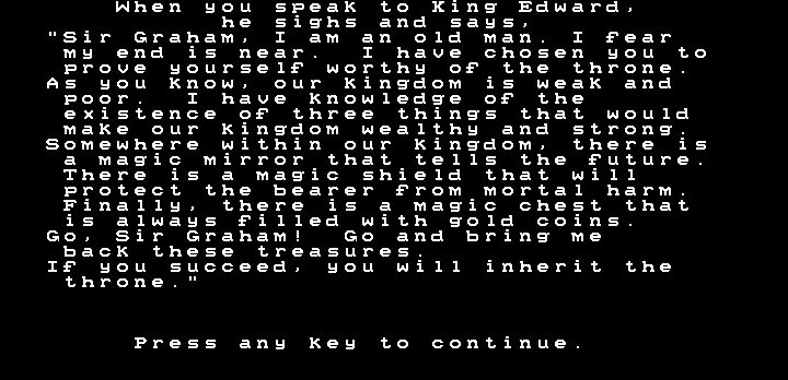 King's Quest (DOS) screenshot: King Edward's story (Hercules graphics)