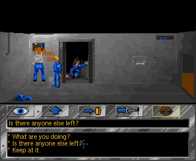 The Experiment (Amiga) screenshot: Talking to someone in a corridor
