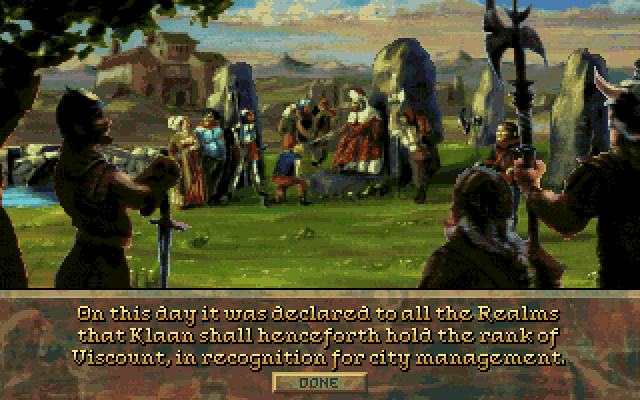 Stronghold (DOS) screenshot: For achievements in both city management and combat, you receive titles.