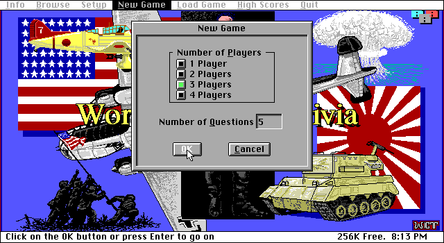 World War II Trivia (DOS) screenshot: Games can be for up to four players. The number of questions defaults as thirty but can be changed