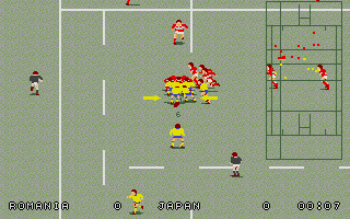 World Class Rugby: Five Nations Edition (DOS) screenshot: The teams collide on a snowy pitch (VGA).