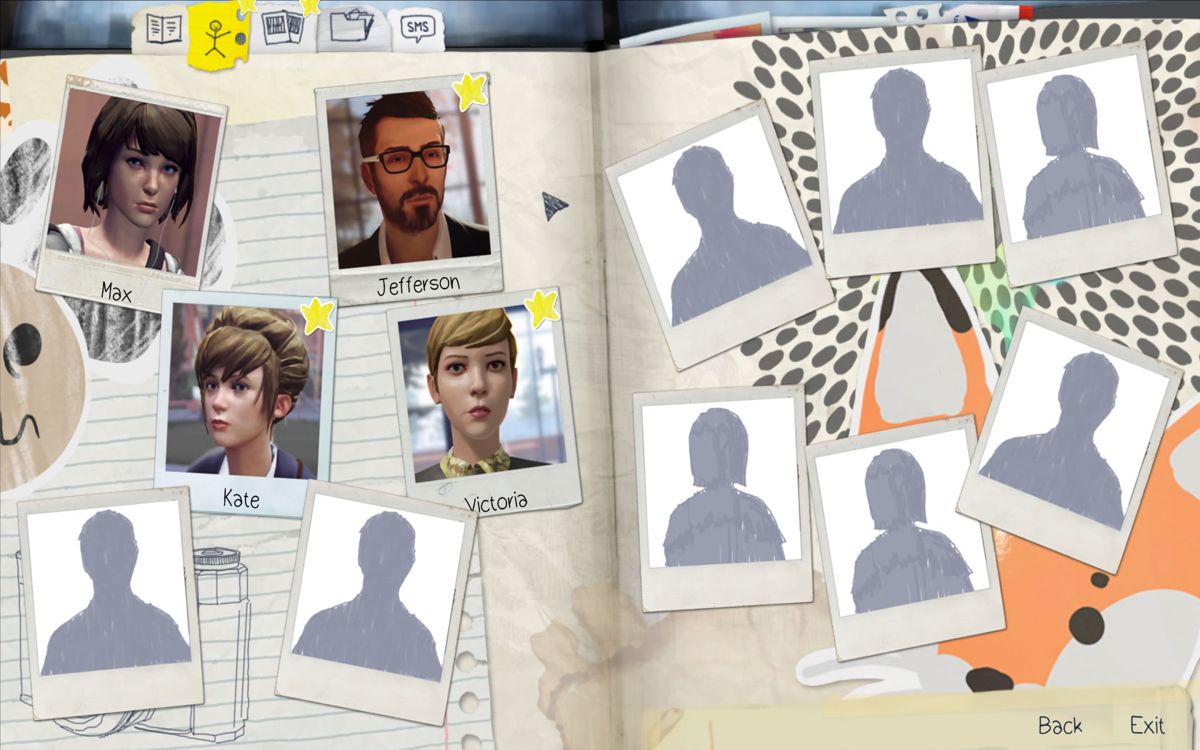 Life Is Strange: Episode 1 - Chrysalis (Windows) screenshot: An overview of the characters you meet. Click a picture to read a bio.