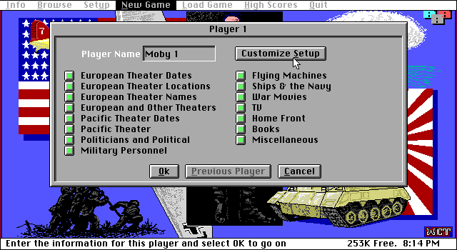 World War II Trivia (DOS) screenshot: These are the question categories. In a multiplayer game each player can have different categories