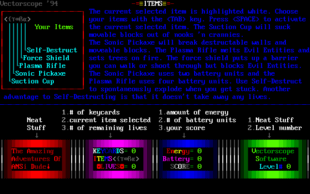 The Amazing Adventures of ANSI Dude (DOS) screenshot: The items explained