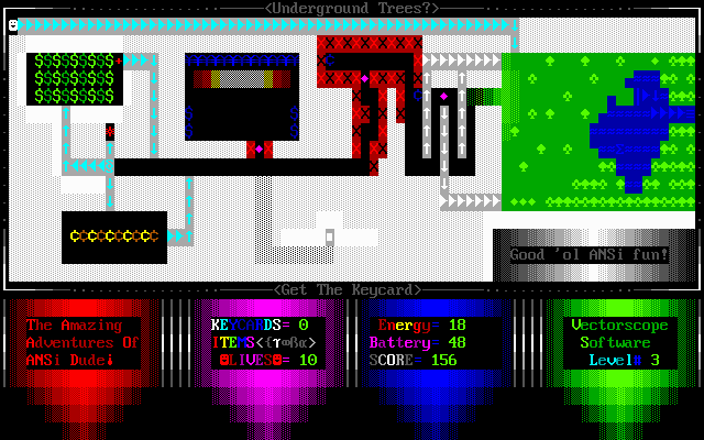 The Amazing Adventures of ANSI Dude (DOS) screenshot: A level with conveyor belts.