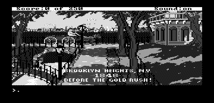 Gold Rush! (DOS) screenshot: Game beginning (Hercules graphics)