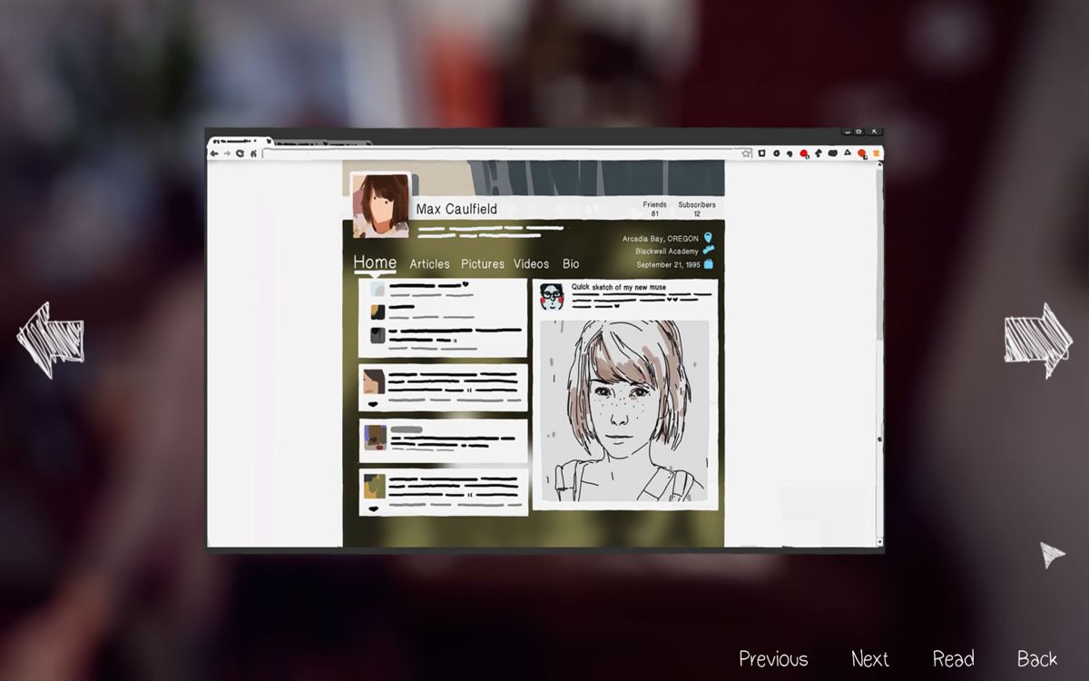 Life Is Strange: Episode 1 - Chrysalis (Windows) screenshot: Browsing Facebook.