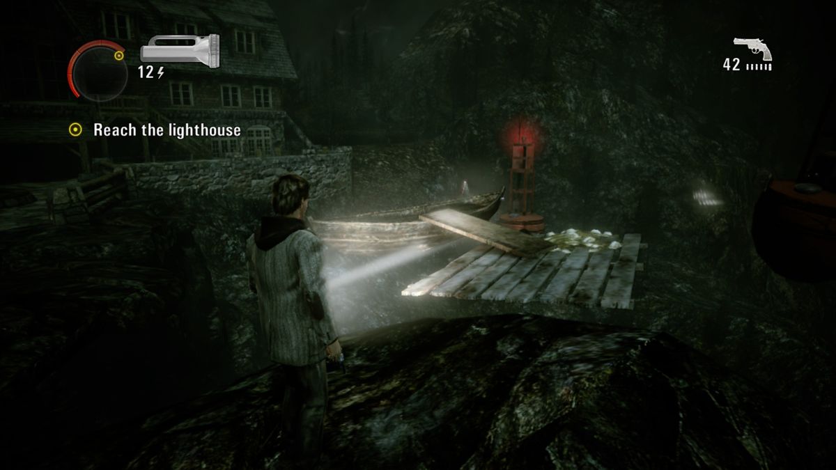 Alan Wake: The Writer (Xbox One) screenshot: No, this is not a graphics glitch, this boat is really floating in the air