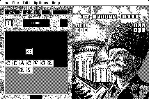 Wordtris (Macintosh) screenshot: Level F (monochrome)
