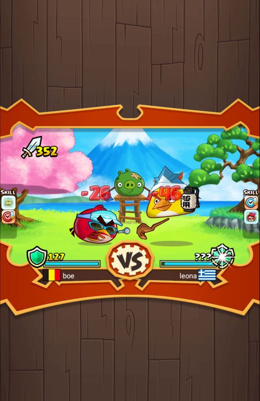 Angry Birds: Fight! (Android) screenshot: The post-battle fight against a player from Greece