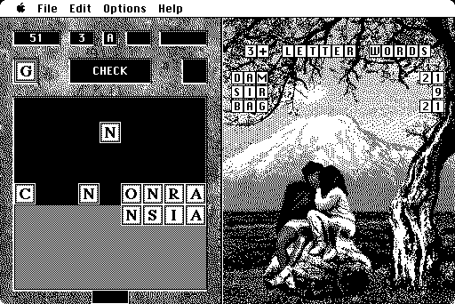 Wordtris (Macintosh) screenshot: Level A with monochrome graphics